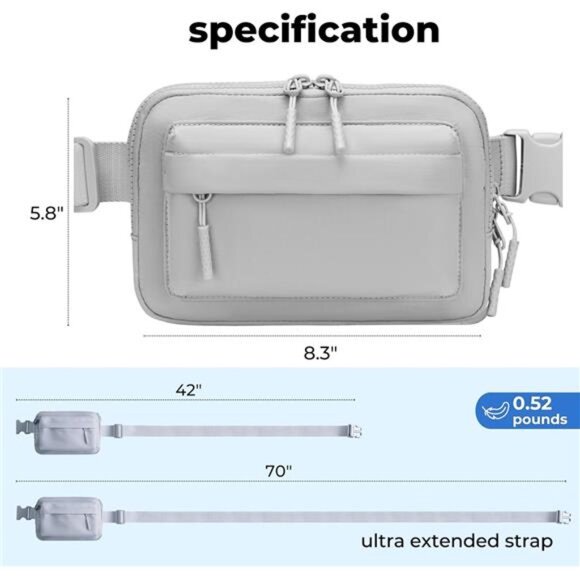 Belt Bag with Long Strap 70" – Light Grey - Picture 6 of 6